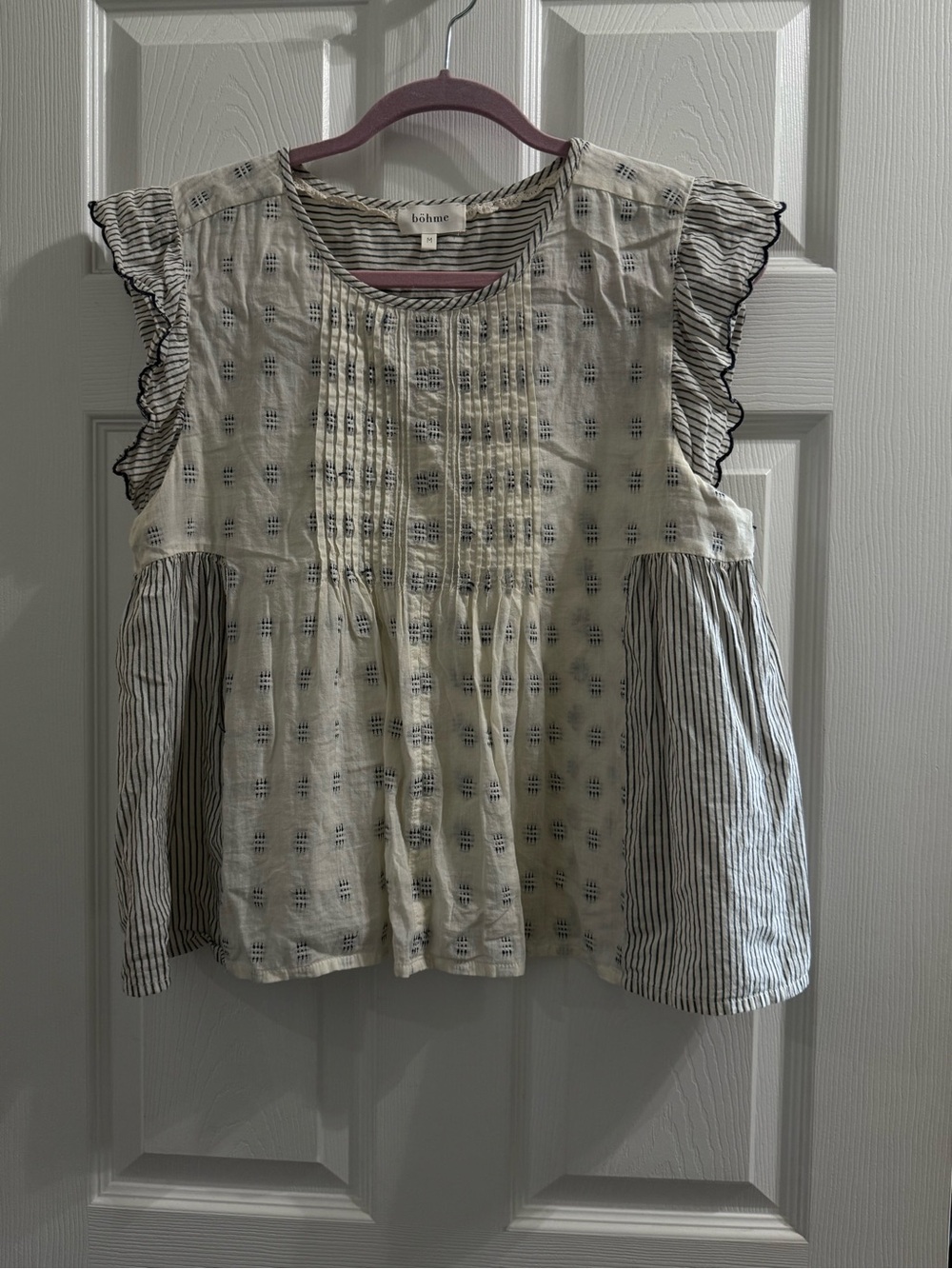 bohme Ivory Cotton Flutter-Sleeve Pintuck Top with Black Trim